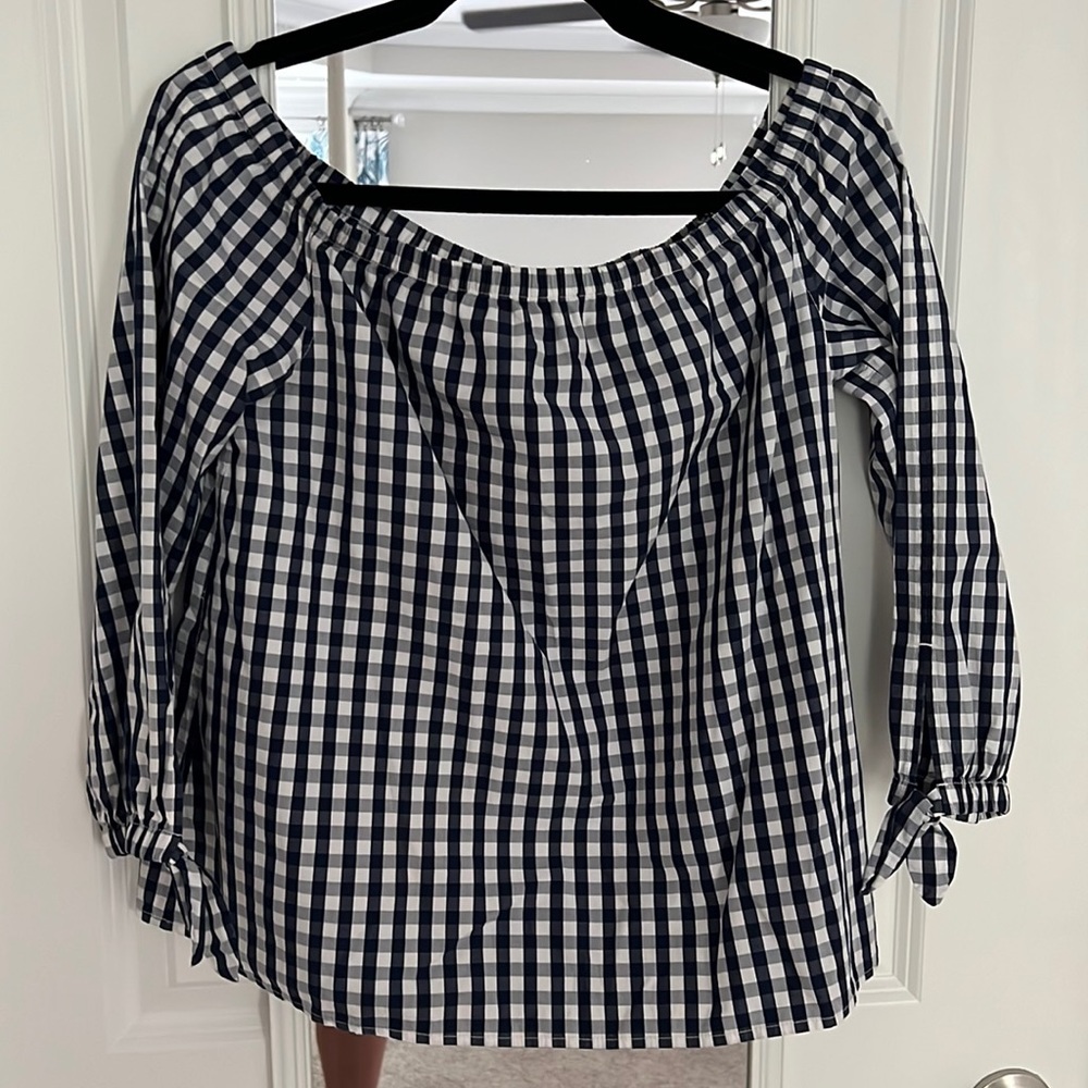 Vineyard Vines Navy & White Gingham Off-Shoulder Blouse